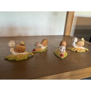 Homco‎ Taiwan Snail Figurines Set of 4 Porcelain Leaf Ladybug Butterfly Decor